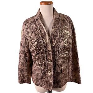Chico's Women's Size 1 Medium Gold Metallic Luxe‎ Snakeskin Ruched Ruffle Jacket
